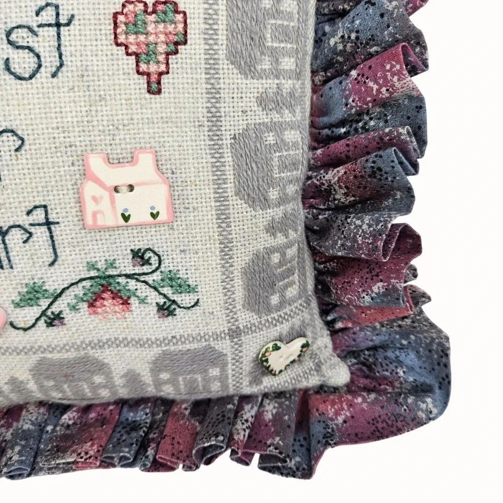 Shepherds Bush Home Heart Cross Stitch COMPLETED Pillow Buttons Family Stitching